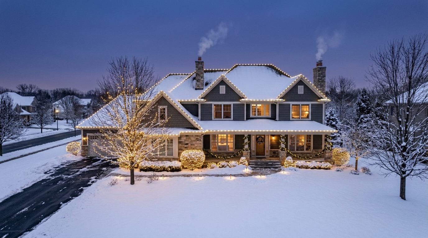 Home fully decorated with warm white holiday lighting