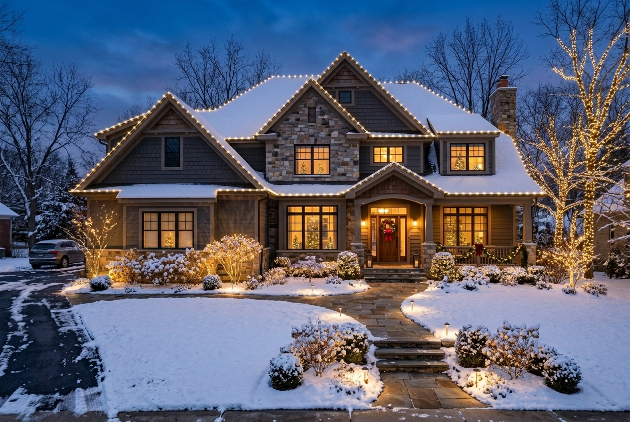 Home with warm white roofline and landscape lighting