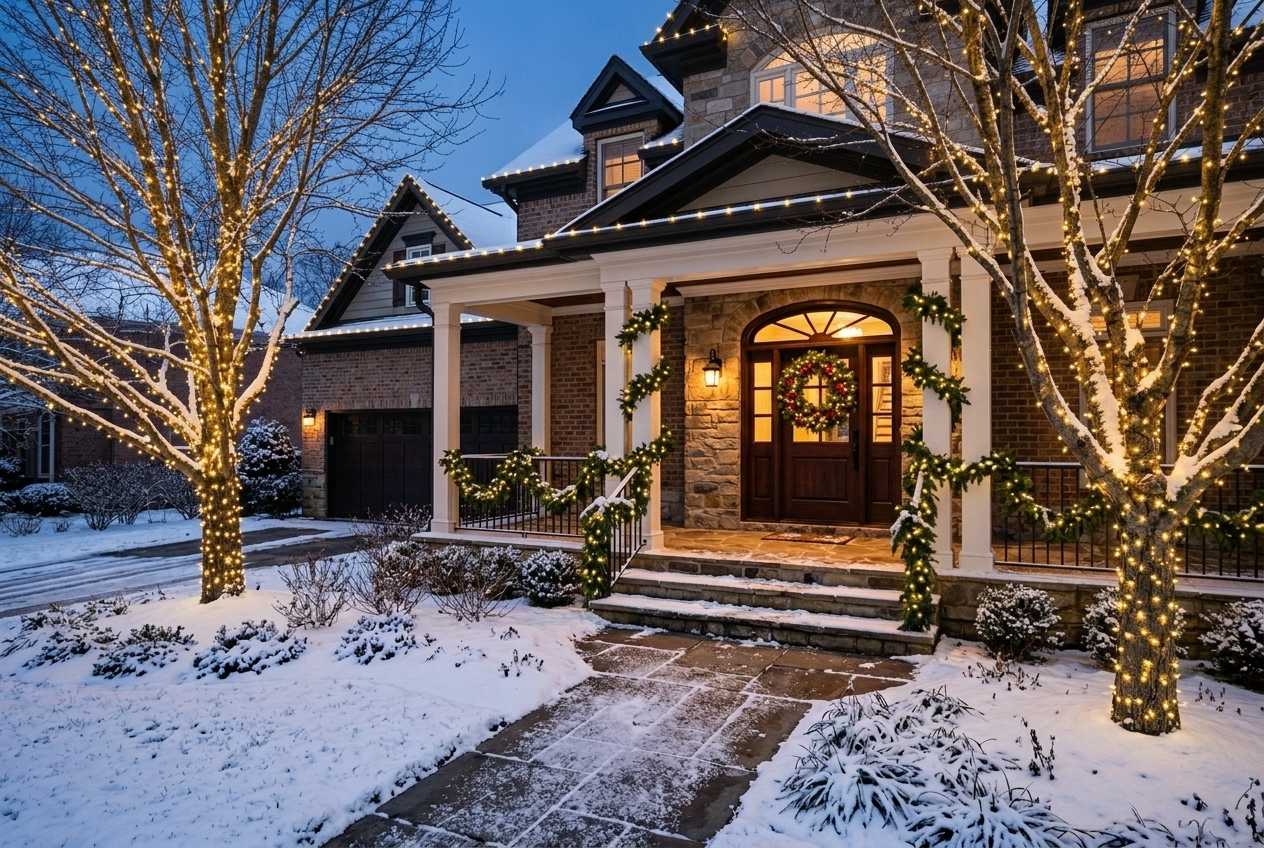 Entryway with lit wreath, garland and wrapped trees