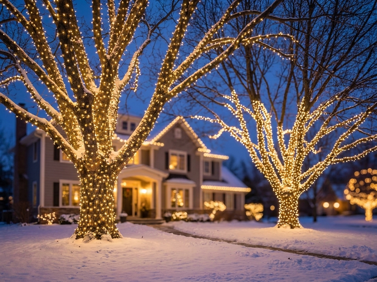 Front yard trees wrapped in warm fairy lights at night