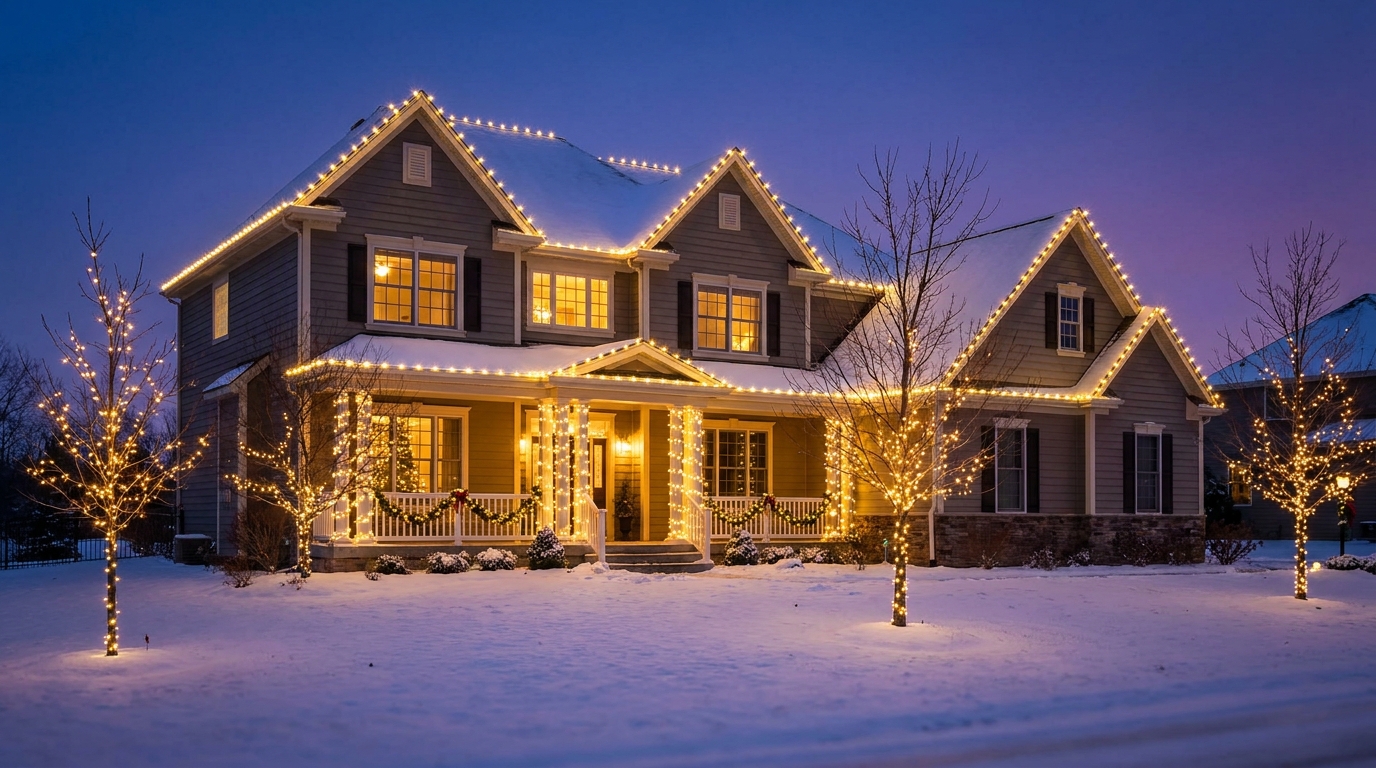 Upscale North Jersey home wrapped in warm white Christmas lights at dusk