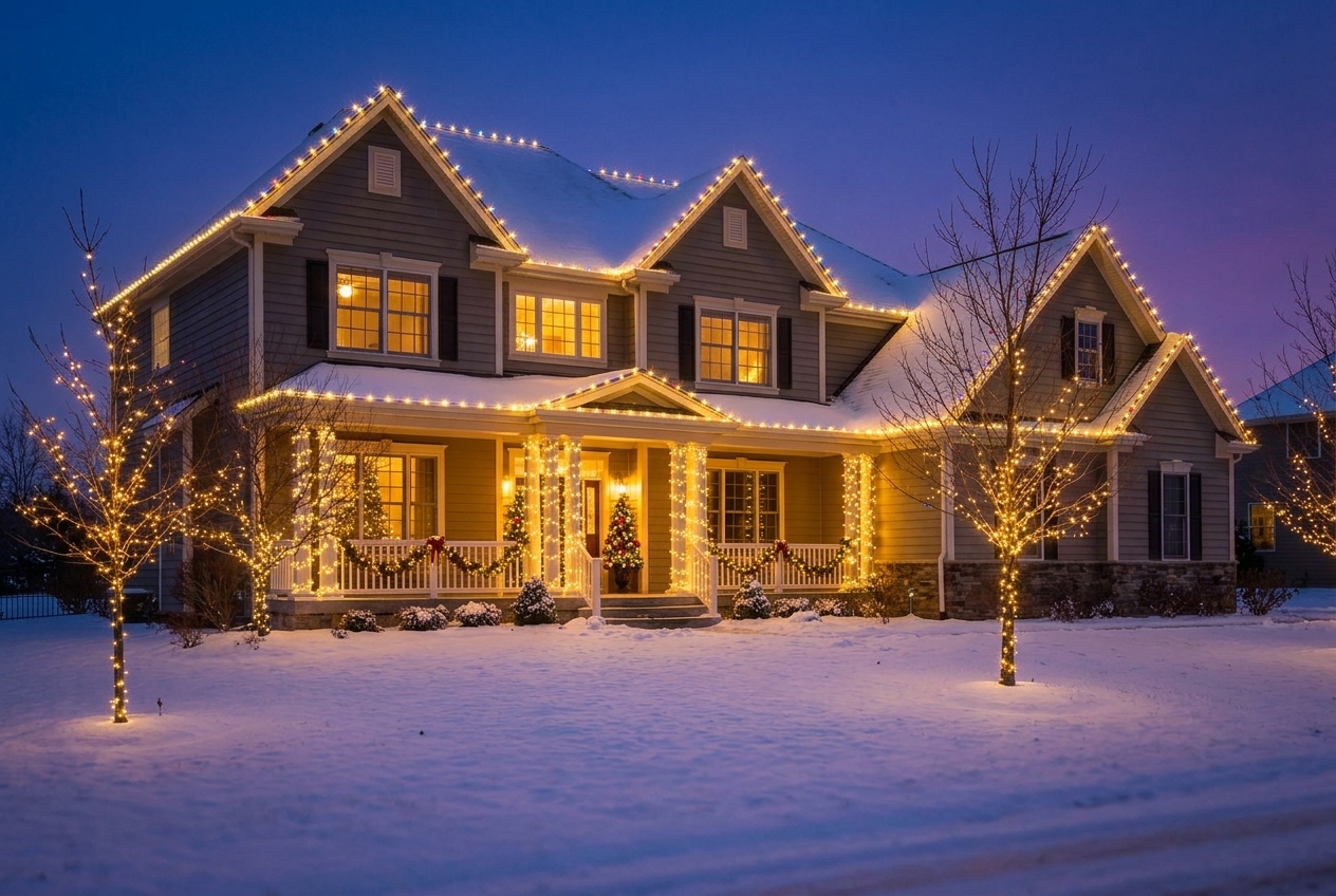 Large home with an elaborate custom holiday lighting display