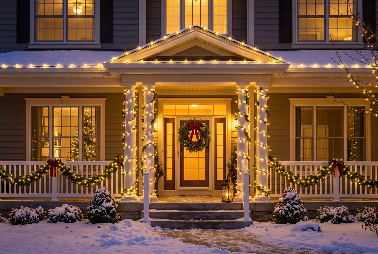 Front entryway with a lit Christmas wreath and garland