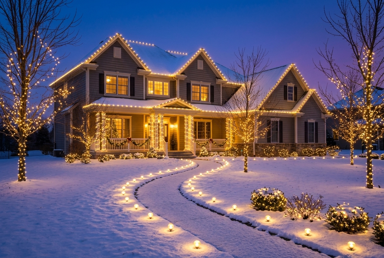 Yard trees and walkway wrapped in warm lights