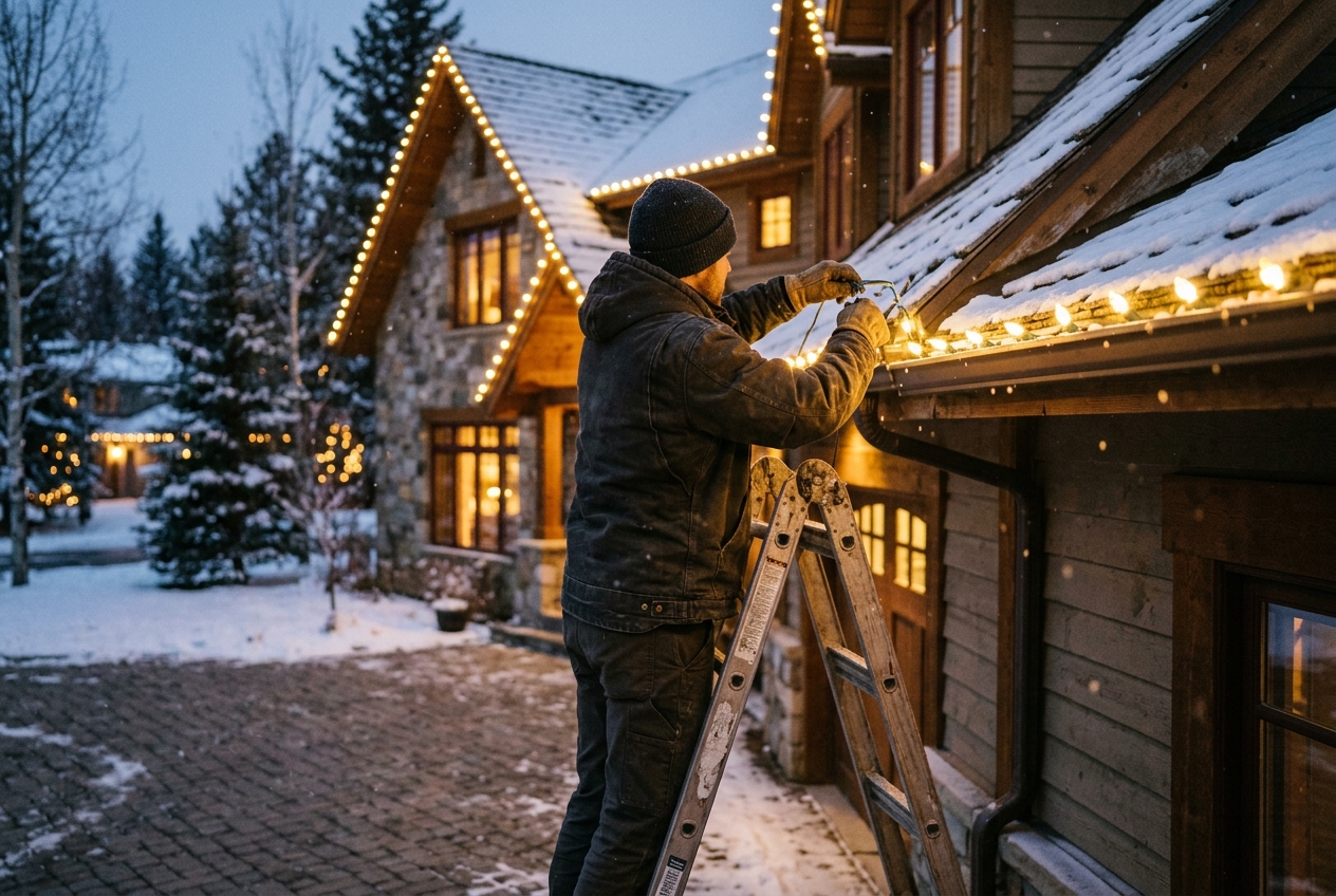 Professional installer checking exterior holiday lights on a ladder