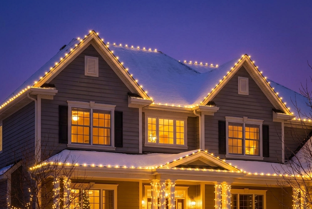 Home roofline outlined in warm white Christmas lights at dusk