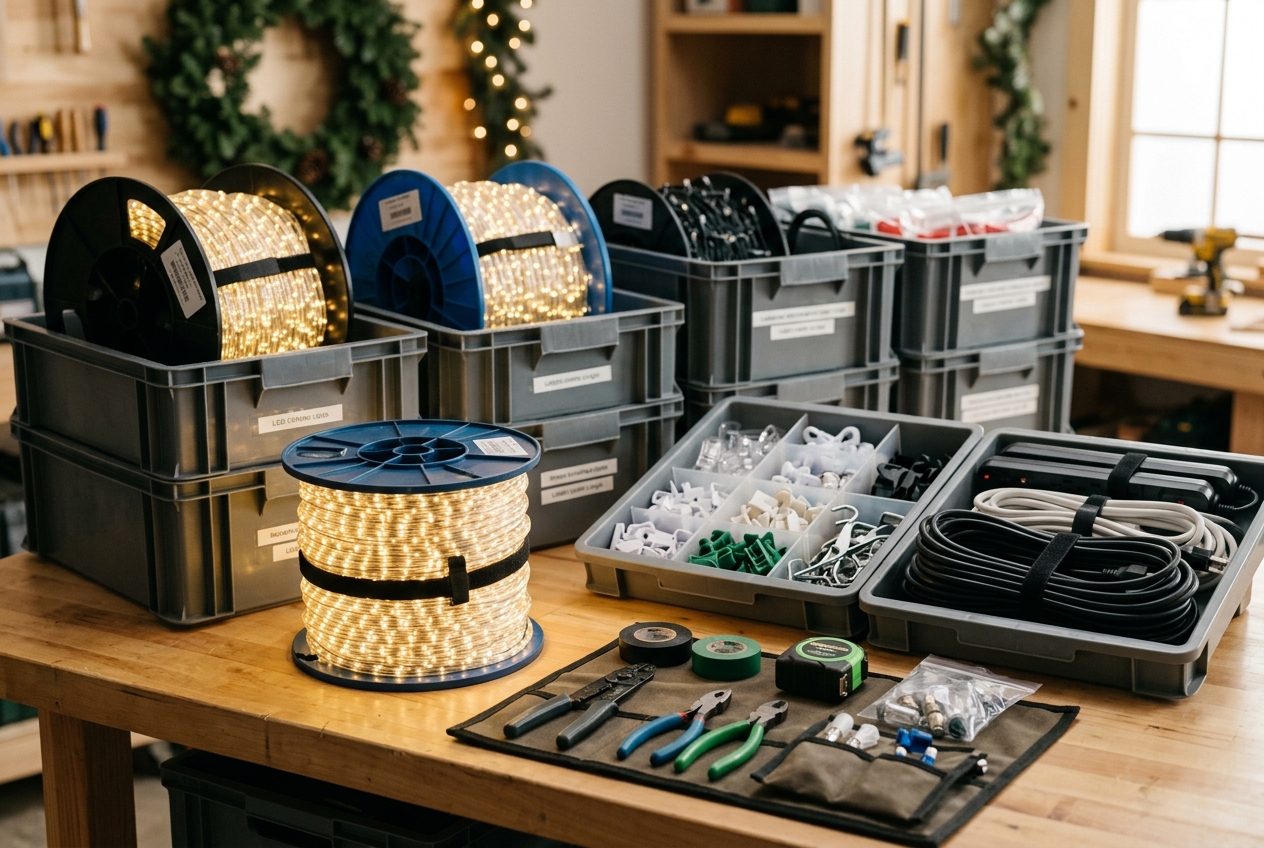 Neatly organized commercial holiday lighting reels and equipment